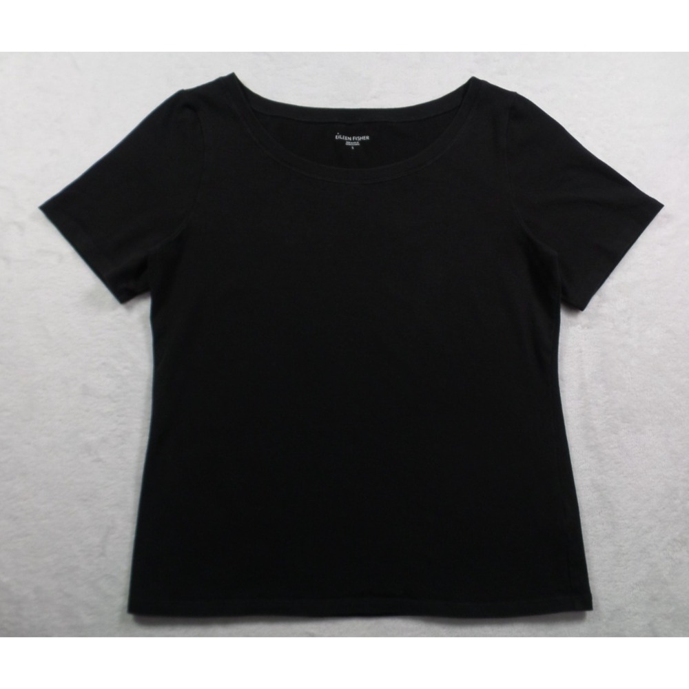 Eileen Fisher Top Womens Size Small Black Shirt Short Sleeve Round Neck Stretch